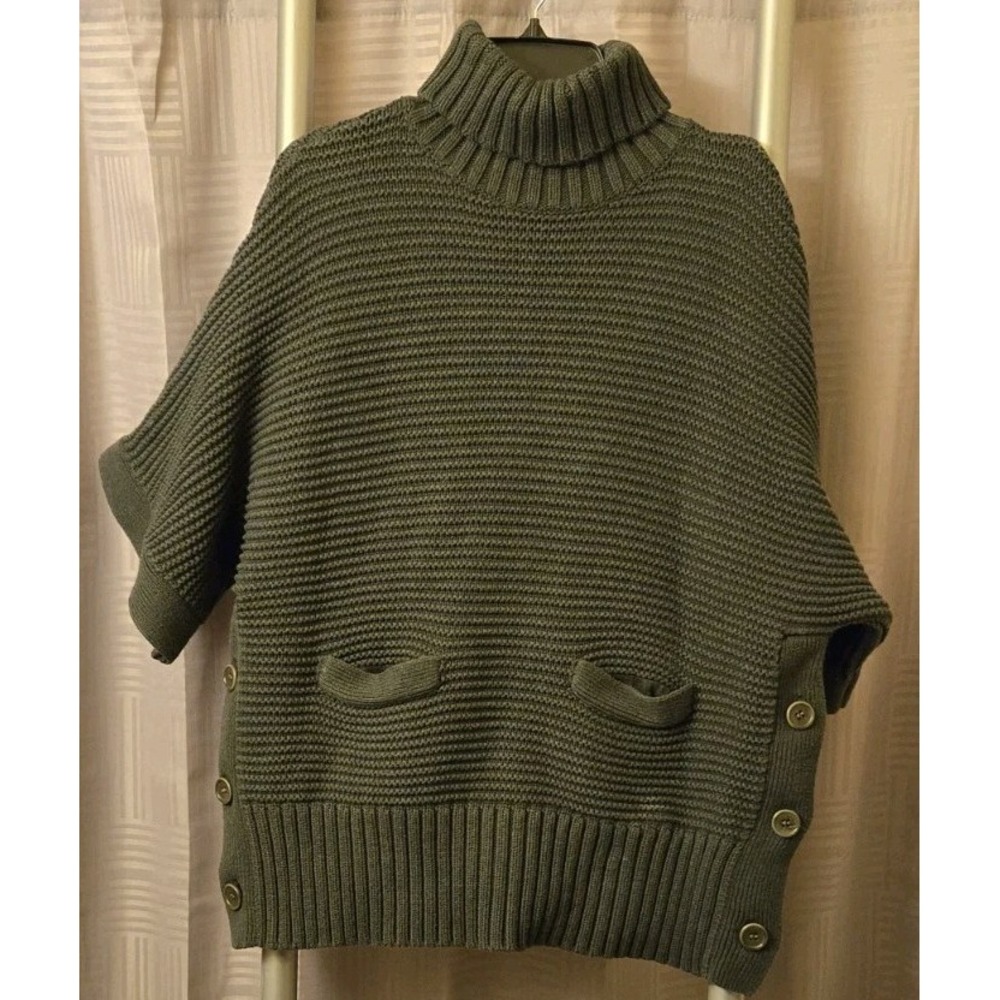 JCrew Green Chunky Knit XXS Turtleneck Sweater Short Sleeve Side Button Detail